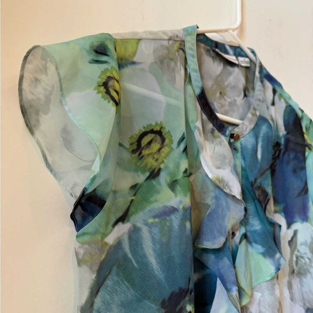 Liz Claiborne Sheer Floral Blue Green Ruffle Blouse Size Small - Picture 3 of 7
